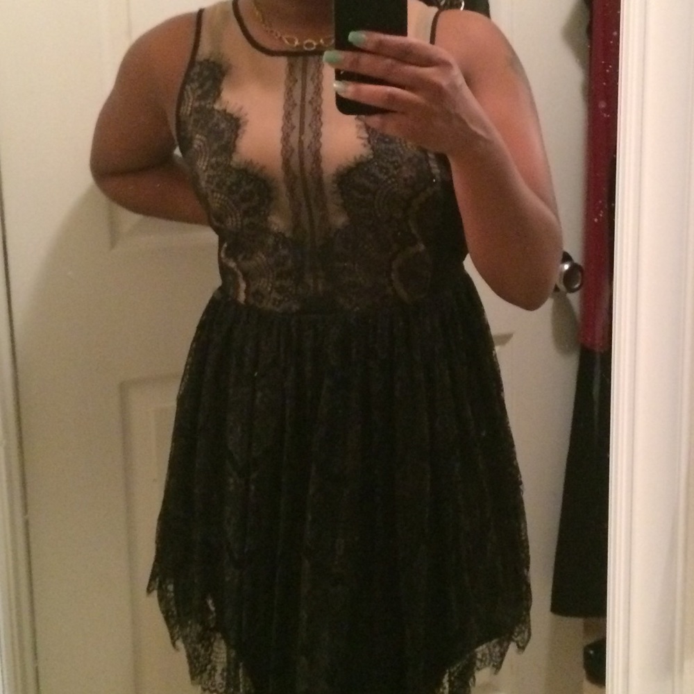 Black and Tan Lace Dress with Lace Flair